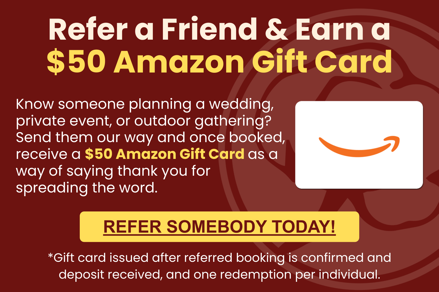 High Cotton Comfort Co referral promotion offering a $50 Amazon gift card for referring a luxury restroom trailer rental in Charleston SC