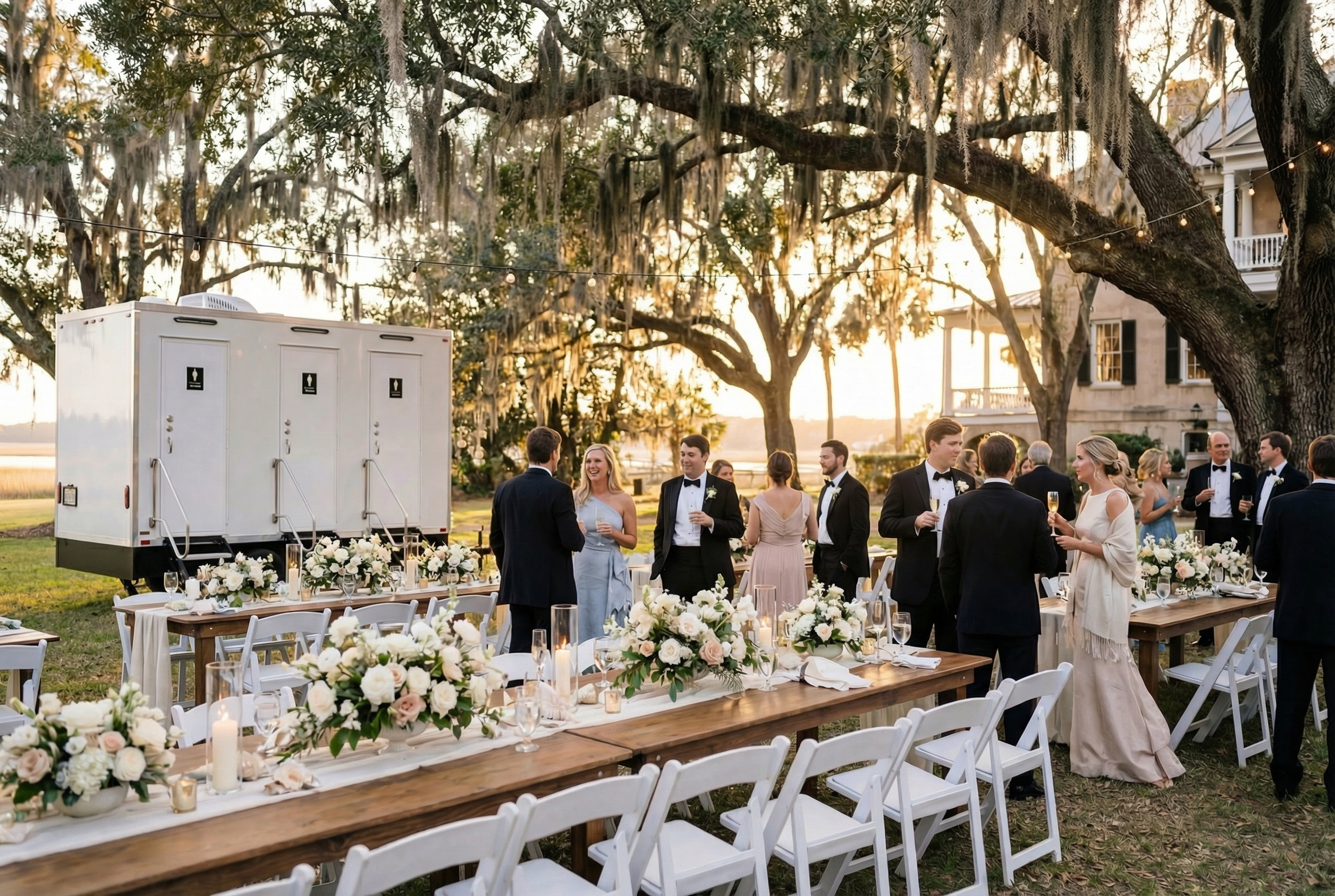 Elegant outdoor wedding reception under moss-draped oak trees with long farm tables, floral centerpieces, and guests mingling beside a luxury restroom trailer rental Charleston SC setup near a waterfront estate.
