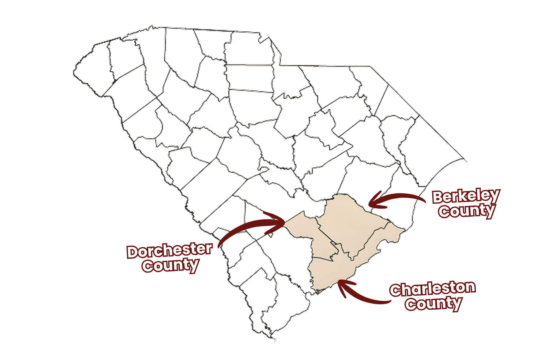 High Cotton Comfort Co service area map highlighting Charleston County, Dorchester County, and Berkeley County in South Carolina, showing the coverage region for luxury restroom trailer rentals.
